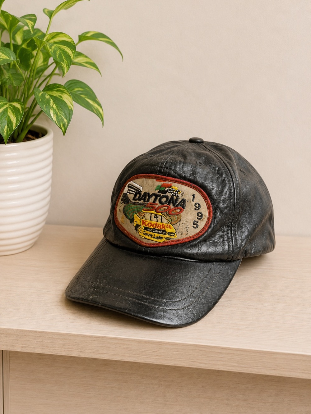 Vintage 1995 Daytona 500 Kodak Leather Snapback Racing NASCAR Black Cap‎ Hat